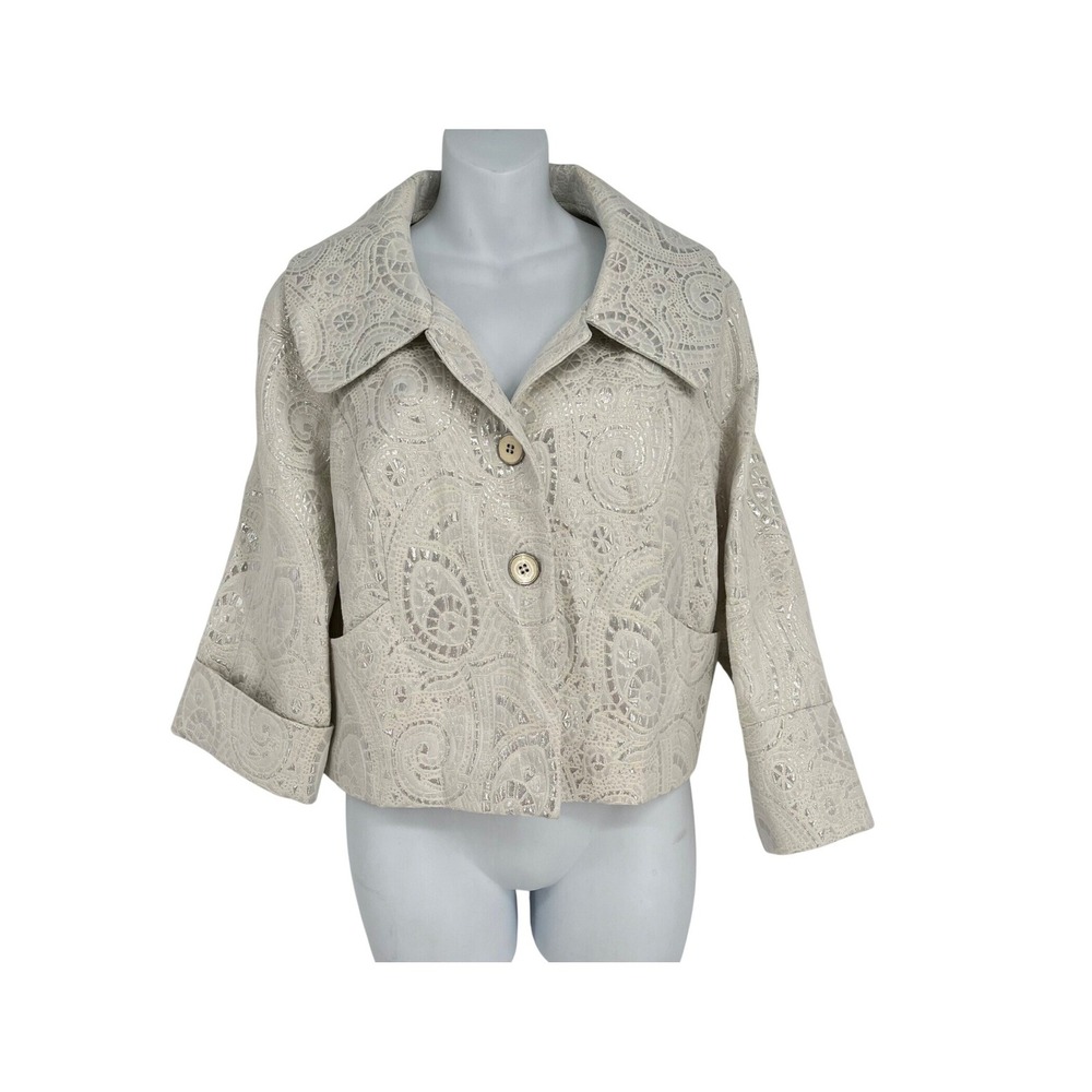 Lena Gabrielle Jacket Women 8 Silver Paisley Metallic Jacquard Cropped Evening